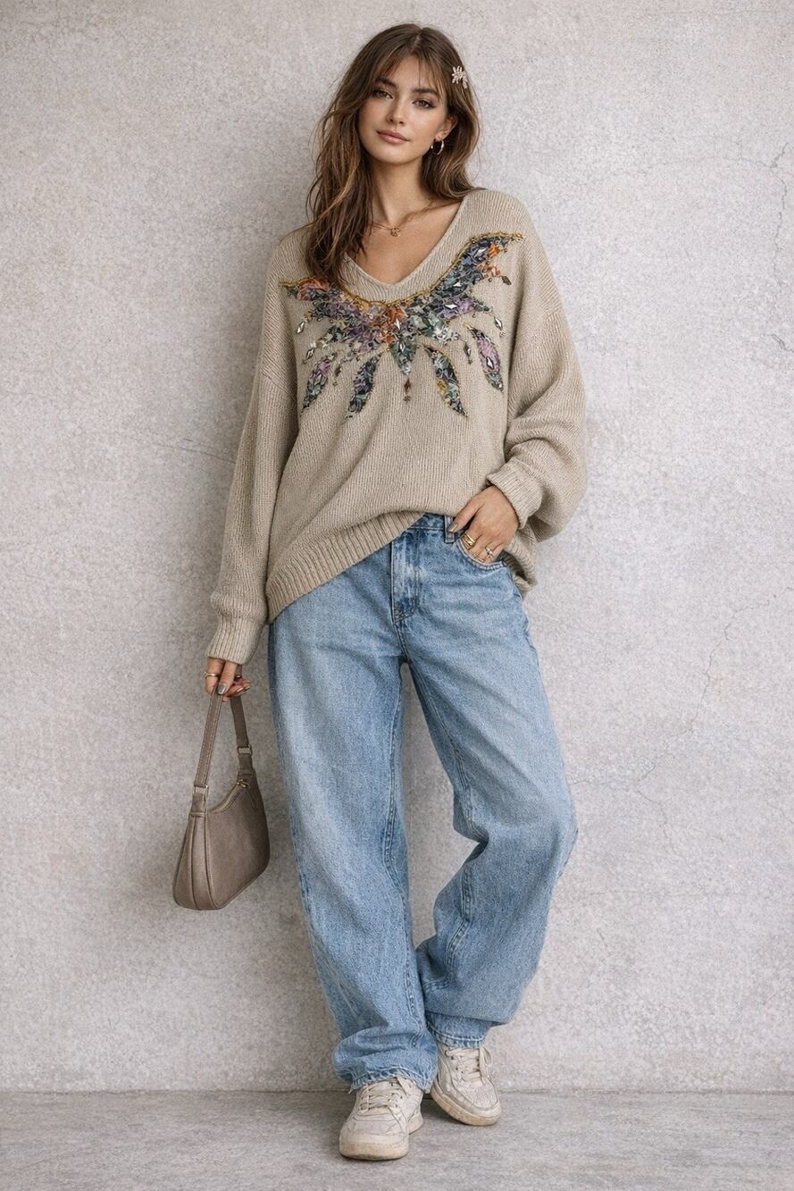 Vtg Colon Womens Sz One Size XL Embellished 1980S Long Sleeve Sweater